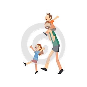 Dad and Son Spending Good Time Together, Dad Carrying Son on His Shoulders, Happy Family Concept Cartoon Vector photo