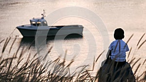 Dad and son together walks against summer sunset on the seaside, Little boy sitting on shoulders his father have fun together look