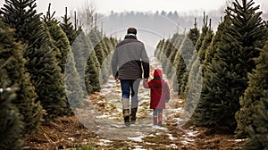 Dad and son walk along an alley of fir trees, Christmas market or farm. Generative AI