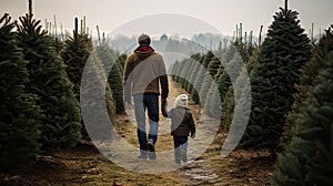 Dad and son walk hand in hand through Christmas tree farm before New Year. Generative AI