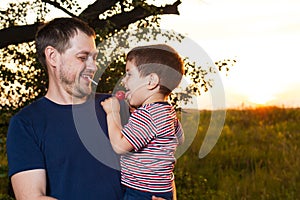 Dad and son walk in a yellow summer field in the evening at sunset and eat candy on a stick. Father`s Day, love in the family, th