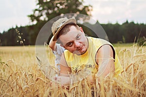 Dad with son walking in a field