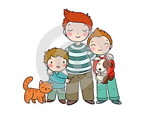 Dad and sons. Three brothers. Three friends and their pets a cat and a dog.