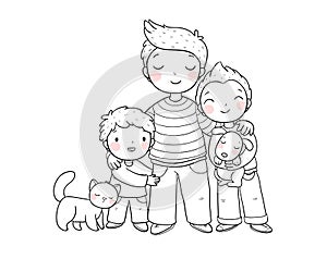 Dad and sons. Three brothers. Three friends and their pets a cat and a dog.Monochrome versions.