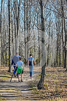 Dad and Sons Walking Through Forest