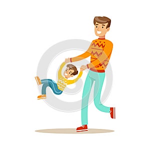 Dad Swinging Son Holding His Hands, Happy Family Having Good Time Together Illustration