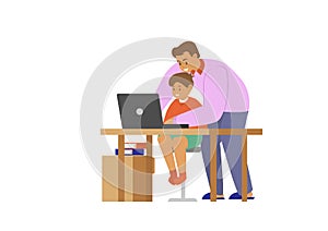 Dad teaches son homework through laptop - Cartoon character illustration characters isolated on white background