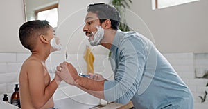 Dad teaching, boy with shaving cream and morning skincare in family bathroom and support, love and care. Helping