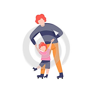 Dad Teaching Daughter to Skate on Rollers, Father Having Good Time with His Kid Vector Illustration