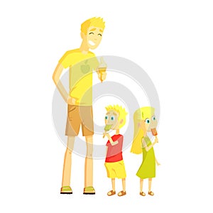 Dad And Twin Son And Daughter Eating Ice-cream, Happy Loving Families With Kids Spending Weekend Together Vector