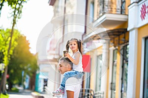 Dad walks around the city