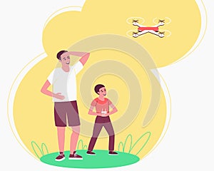 Dad is watching Child playing drone remote for lifestyle design