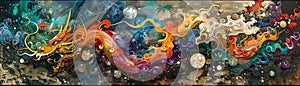 Dadaism art of a celestial dragon dances amidst abstract shapes and vibrant colors, Generative AI Illustration photo