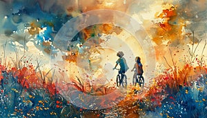 Dadaism inspired watercolor painting of children ride bicycle in a meadow, with abstract elements and surreal patterns, bright and photo
