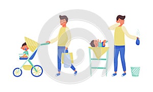 Daddy caring for his baby set. Father changing baby diaper on table and walking with stroller vector illustration