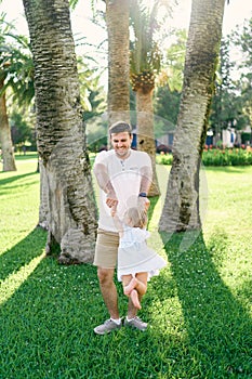 Daddy circles the little girl under the palm trees on the green lawn