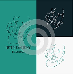 Daddy hugging baby, logo in the line art style, hand-drawn vector