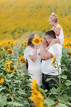 Daddy`s carrying a baby daughter on his shoulders in the field of flowers. The concept of summer holiday. Father`s, mother`s, b