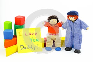 Daddy and son wooden toys with card