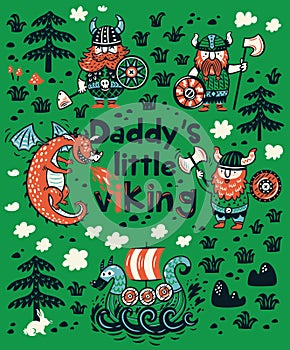 Daddys little viking print for childrens clothing