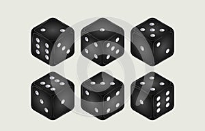 Six black dice with white pips, arranged in two rows of three
