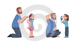 Dads having good time with their kids set. Father combing his daughter hair and girl doing make up to her dad cartoon
