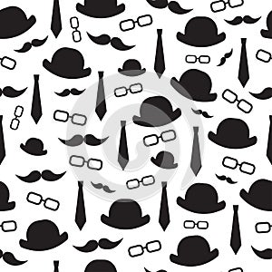 Background of men`s hat, glasses, tie, mustache. Seamless background.