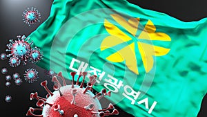 Daejeon and covid pandemic - virus attacking a city flag of Daejeon as a symbol of a fight and struggle with the virus pandemic in