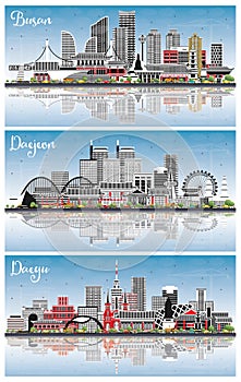 Daejeon, Daegu and Busan South Korea City Skylines Set with Color Buildings, Blue Sky and Reflections