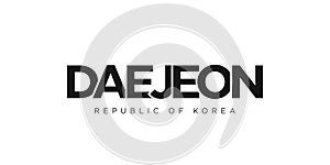 Daejeon in the Korea emblem. The design features a geometric style, vector illustration with bold typography in a modern font. The