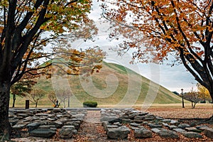 Daereungwon ancient tombs at autumn in Gyeongju, Korea photo
