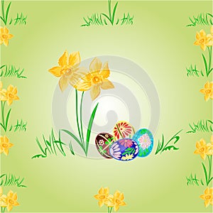 Daffodil and easter eggs seamless texture vector