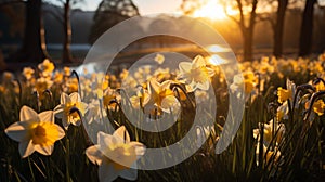 Daffodil Field Bathed in the Golden Glow of Sunlight