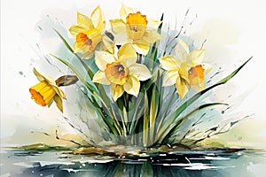 Daffodil flowers with green leaves against the background of spring meltwater. Close-up