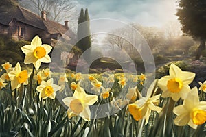 Daffodils blooming. Daffodil flowers bloom at sunset. Ancient flower alley. Selective focus. AI generated