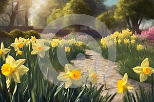Daffodils blooming. Daffodil flowers bloom at sunset. Flower alley. AI generated