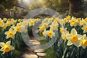 Daffodils blooming. Daffodil flowers bloom at sunset. Old flower alley. AI generated