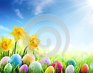 Daffodils And Colorful Decorated Eggs On The Sunny Meadow - Easter