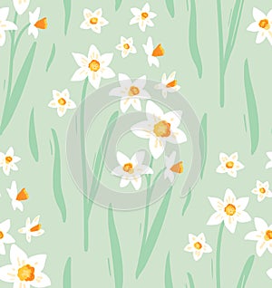 Daffodils flowers pattern, seamless background, soft pastel colors. Spring texture