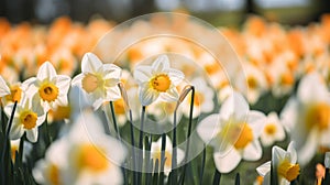 Daffodils in the meadow. Blooming flowers in spring. Selective focus and shallow depth of field. Bokeh background