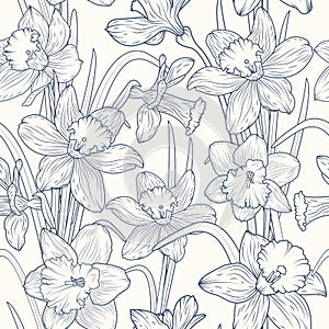 Daffodils narcissus flowers seamless pattern blue