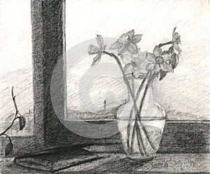 Daffodils in a vase on the windowsill