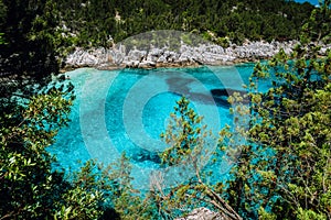 Dafnoudi beach in Kefalonia, Greece. Hidden bay with pure crystal clean turquoise sea water, surrounded by cypress trees