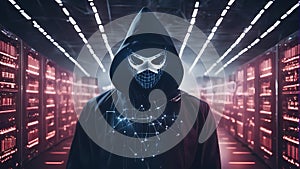 dagerous hacker stealing data inside a server room