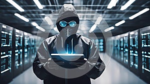 dagerous hacker stealing data inside a server room