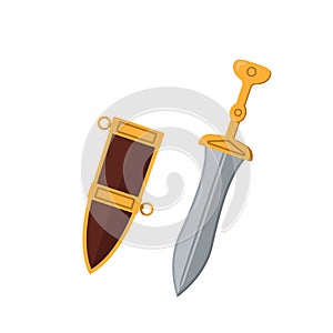 The dagger of an ancient Roman legionary. Color vector illustration, flat style. White isolated background.