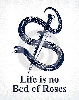 Dagger kills a Snake, defeated Serpent wraps around a sword vector vintage tattoo, Life is a Fight concept, allegorical logo or