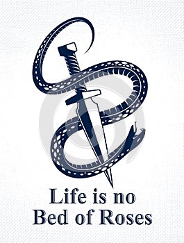 Dagger kills a Snake, defeated Serpent wraps around a sword vector vintage tattoo, Life is a Fight concept, life is no bed of