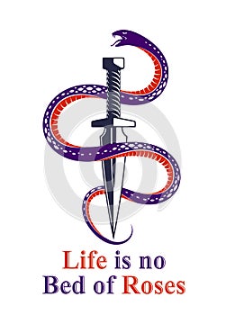 Dagger kills a Snake, defeated Serpent wraps around a sword vector vintage tattoo, Life is a Fight concept, life is no bed of