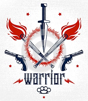 Dagger knife and other weapons  vector emblem of Revolution and War, tattoo with lots of design elements, anarchy and chaos